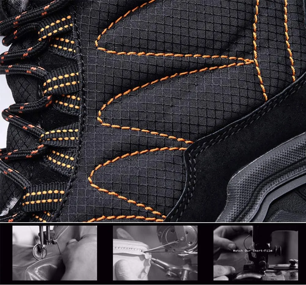 ailishbroy Mens Hiking Mid Waterproof Boots Winter Warm High Top Leather Shoes Oxfords Lace Up Outdoor Sneakers