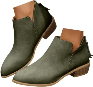 Ankle Boots for Women Dressy Pointed Toe Boots Womens Western Chunky Heels Fashion Low Heel Pull on V Cut Boots