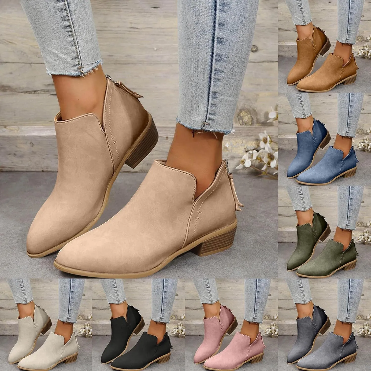Ankle Boots for Women Dressy Pointed Toe Boots Womens Western Chunky Heels Fashion Low Heel Pull on V Cut Boots