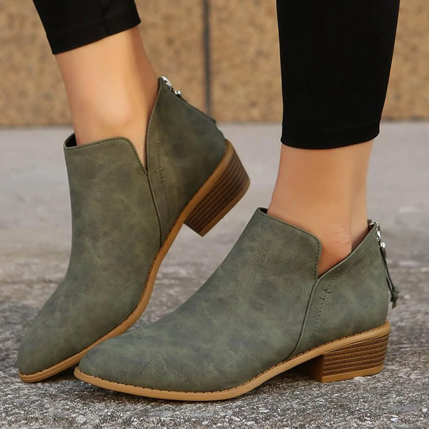 Ankle Boots for Women Dressy Pointed Toe Boots Womens Western Chunky Heels Fashion Low Heel Pull on V Cut Boots