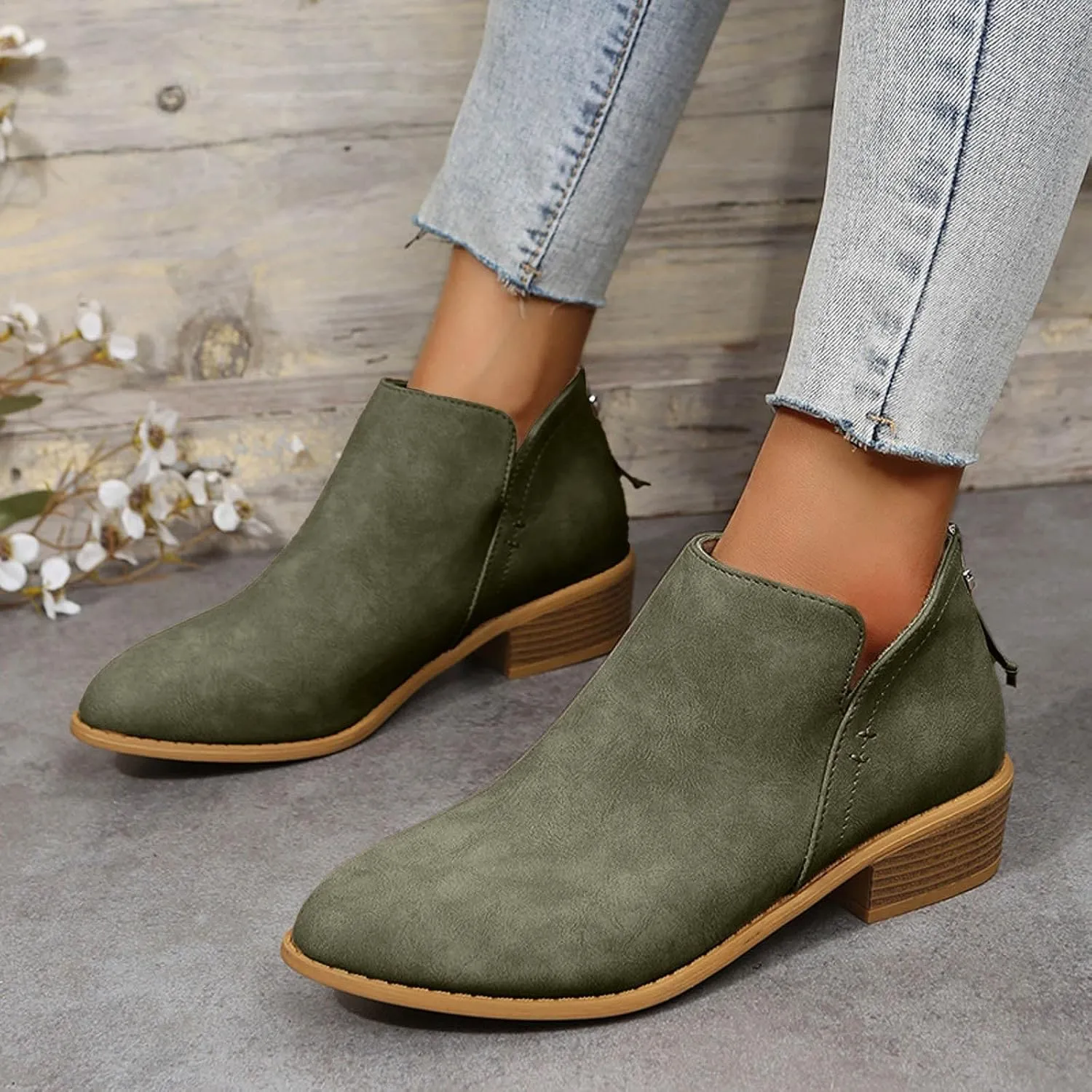 Ankle Boots for Women Dressy Pointed Toe Boots Womens Western Chunky Heels Fashion Low Heel Pull on V Cut Boots