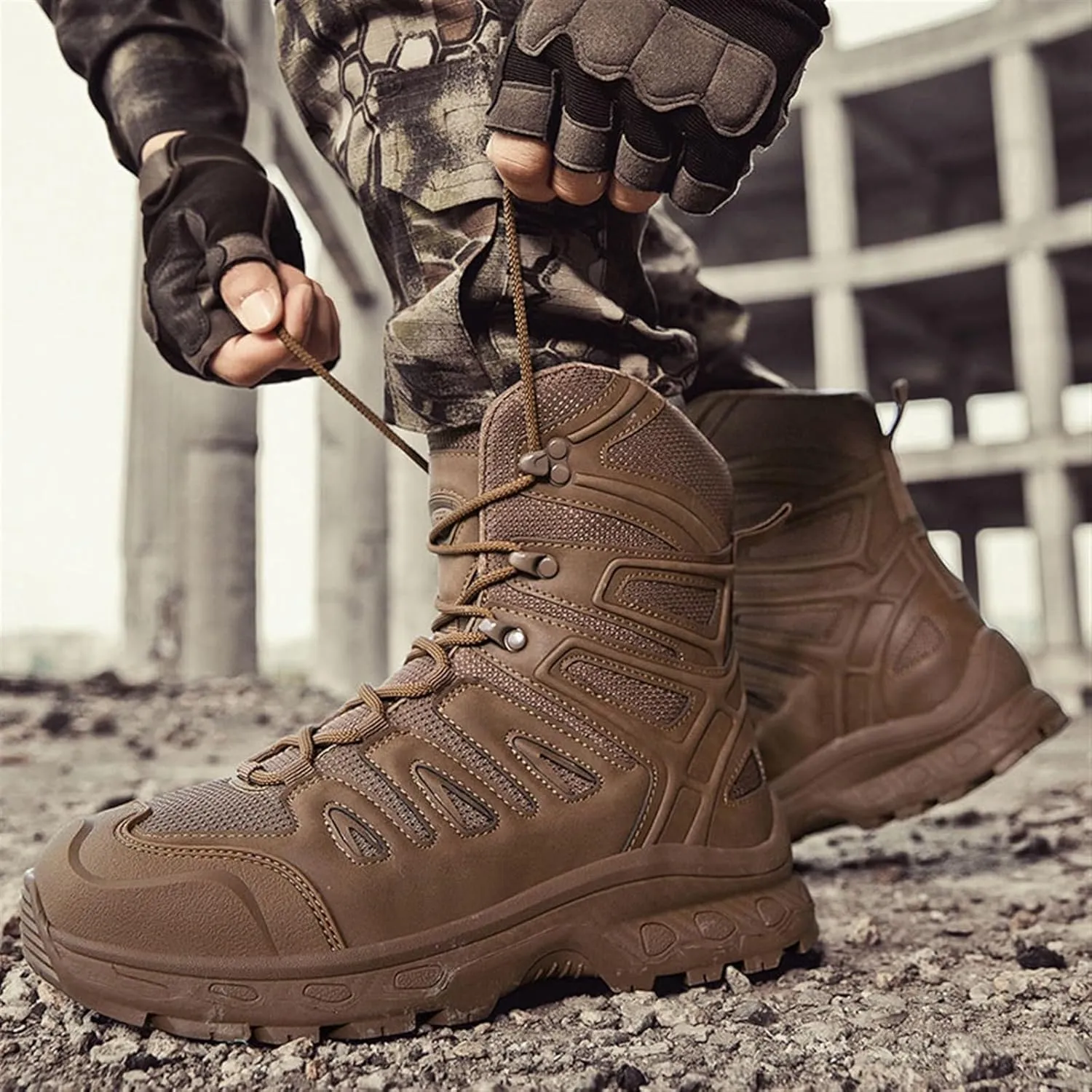Mens Breathable Non Slip Plus Size Combat Boots, Comfortable Stylish Lace Up High Top Motorcycle Combat Bootie for Men, Desert Combat Army Combat Boots, for Tactical, Motorcycle