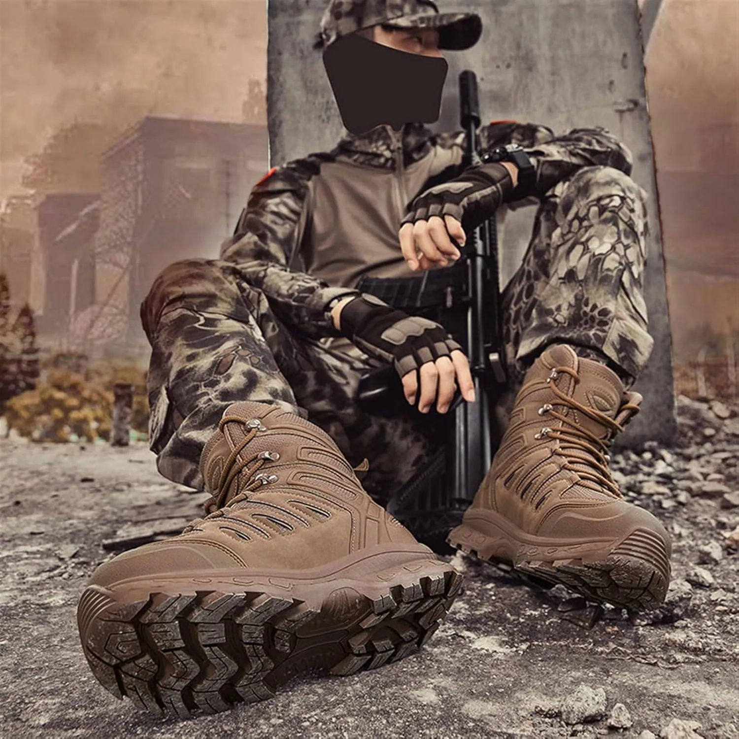 Mens Breathable Non Slip Plus Size Combat Boots, Comfortable Stylish Lace Up High Top Motorcycle Combat Bootie for Men, Desert Combat Army Combat Boots, for Tactical, Motorcycle