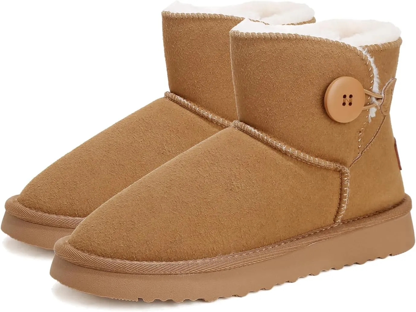 Mini Platform Boots for Women, Winter Ankle Snow Boots Suede Water Resistant Anti-Slip Leather Fur Fleece Lined Boots, Comfortable Memory Foam Button Decoration Slip On Snow Short Shoes Slippers