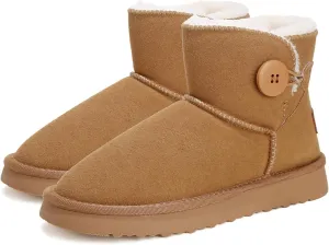 Mini Platform Boots for Women, Winter Ankle Snow Boots Suede Water Resistant Anti-Slip Leather Fur Fleece Lined Boots, Comfortable Memory Foam Button Decoration Slip On Snow Short Shoes Slippers
