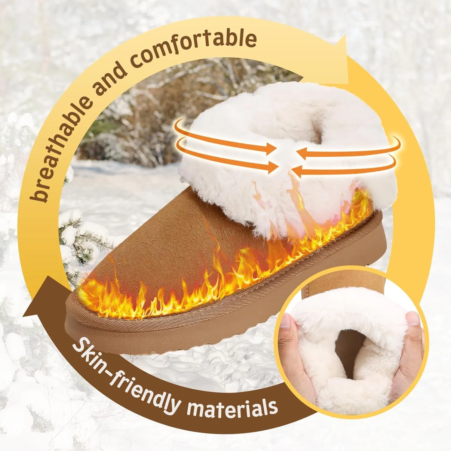 Mini Platform Boots for Women, Winter Ankle Snow Boots Suede Water Resistant Anti-Slip Leather Fur Fleece Lined Boots, Comfortable Memory Foam Button Decoration Slip On Snow Short Shoes Slippers