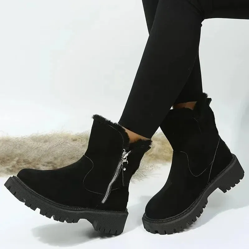 Sohiwoo Winter New Women's Snow Boots Trendy Mid Top Plush Thickened Warm Cotton Shoes Leather and Wool Integrated Winter Women's Boots