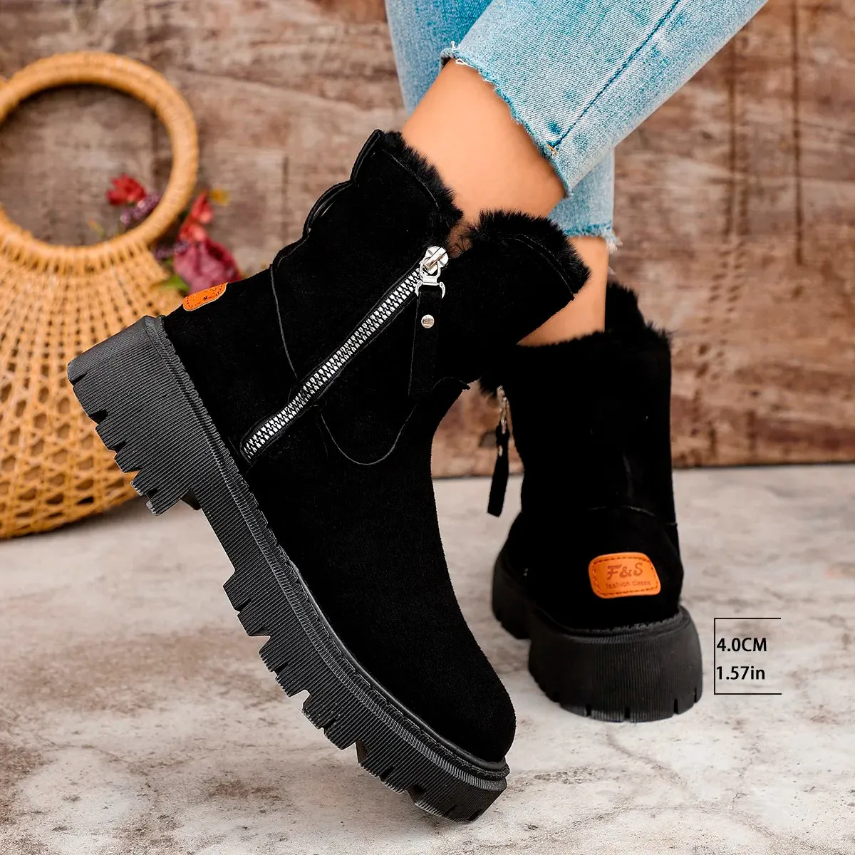 Sohiwoo Winter New Women's Snow Boots Trendy Mid Top Plush Thickened Warm Cotton Shoes Leather and Wool Integrated Winter Women's Boots