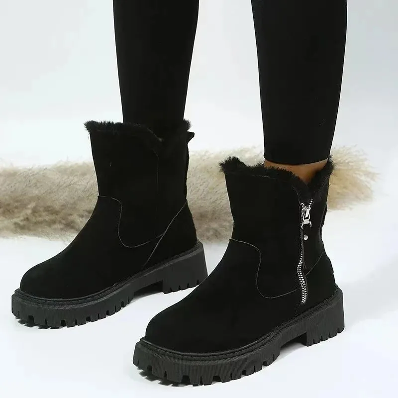 Sohiwoo Winter New Women's Snow Boots Trendy Mid Top Plush Thickened Warm Cotton Shoes Leather and Wool Integrated Winter Women's Boots