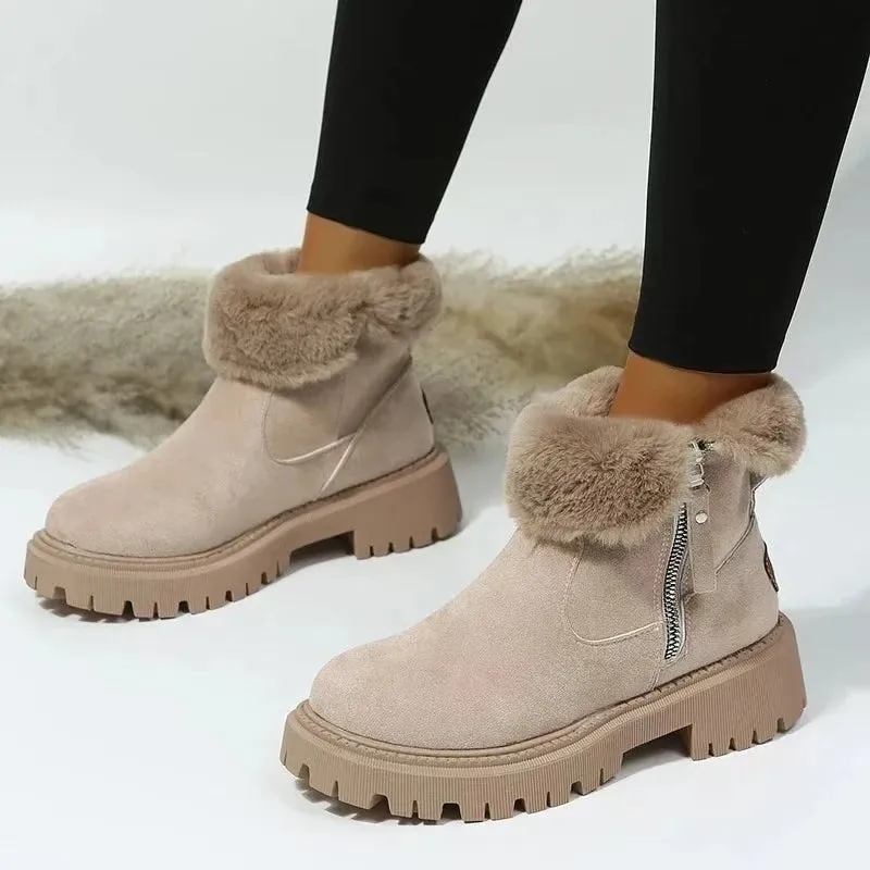 Sohiwoo Winter New Women's Snow Boots Trendy Mid Top Plush Thickened Warm Cotton Shoes Leather and Wool Integrated Winter Women's Boots