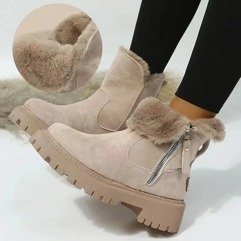 Sohiwoo Winter New Women's Snow Boots Trendy Mid Top Plush Thickened Warm Cotton Shoes Leather and Wool Integrated Winter Women's Boots