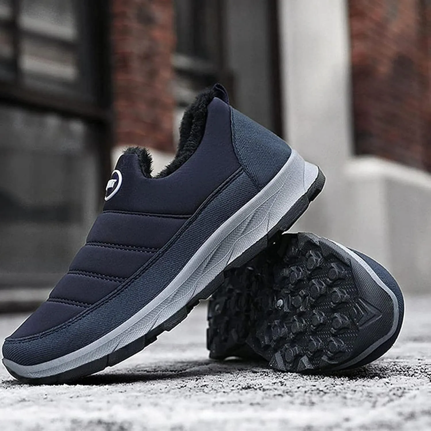 Yiozoi Men's Short Snow Boots Warm Plush Low Top Flat Shoes Soft Soles Windproof Men's Casual Walking Boots Non Slip